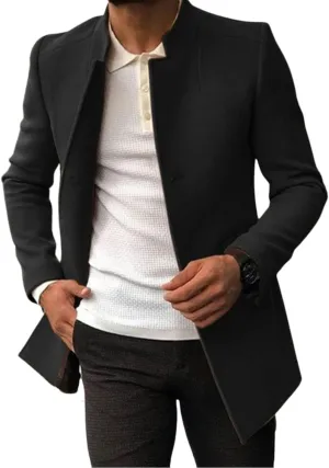 Kinkia Mens Wool Blend Pea Coat Winter Classic Slim Fit Single Breasted Mid Long Business Trenchcoat Overcoat