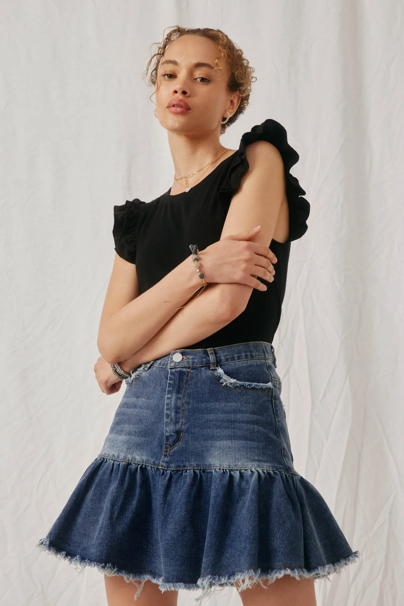 Layered Ruffle Mix Media Ribbed Knit Tank