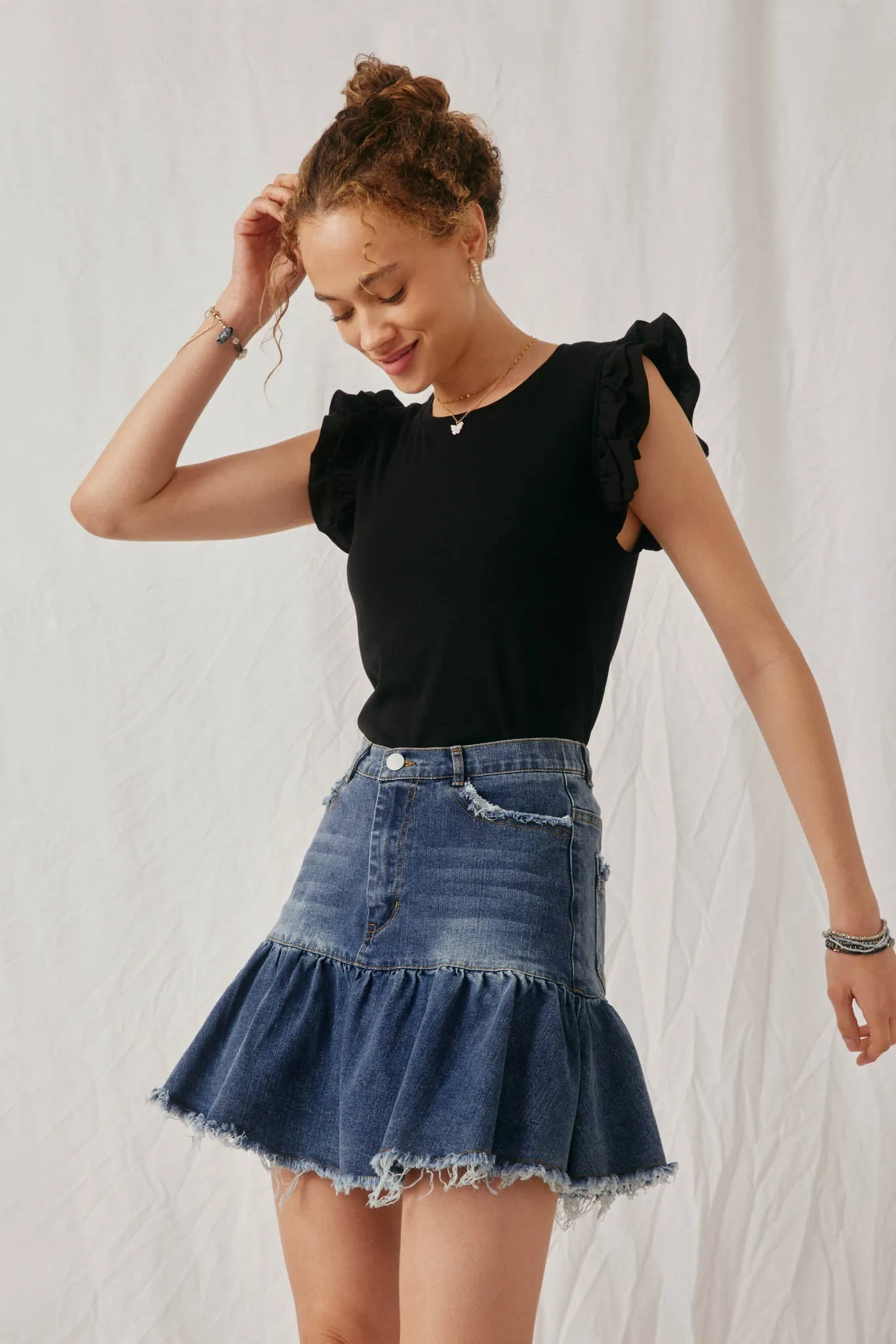 Layered Ruffle Mix Media Ribbed Knit Tank