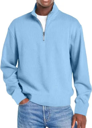 Men Fashion Quarter Zip Pullover Oversize Long Sleeve Mock Neck Texture Polo Sweatshirt Casual Sport Workout Sweater