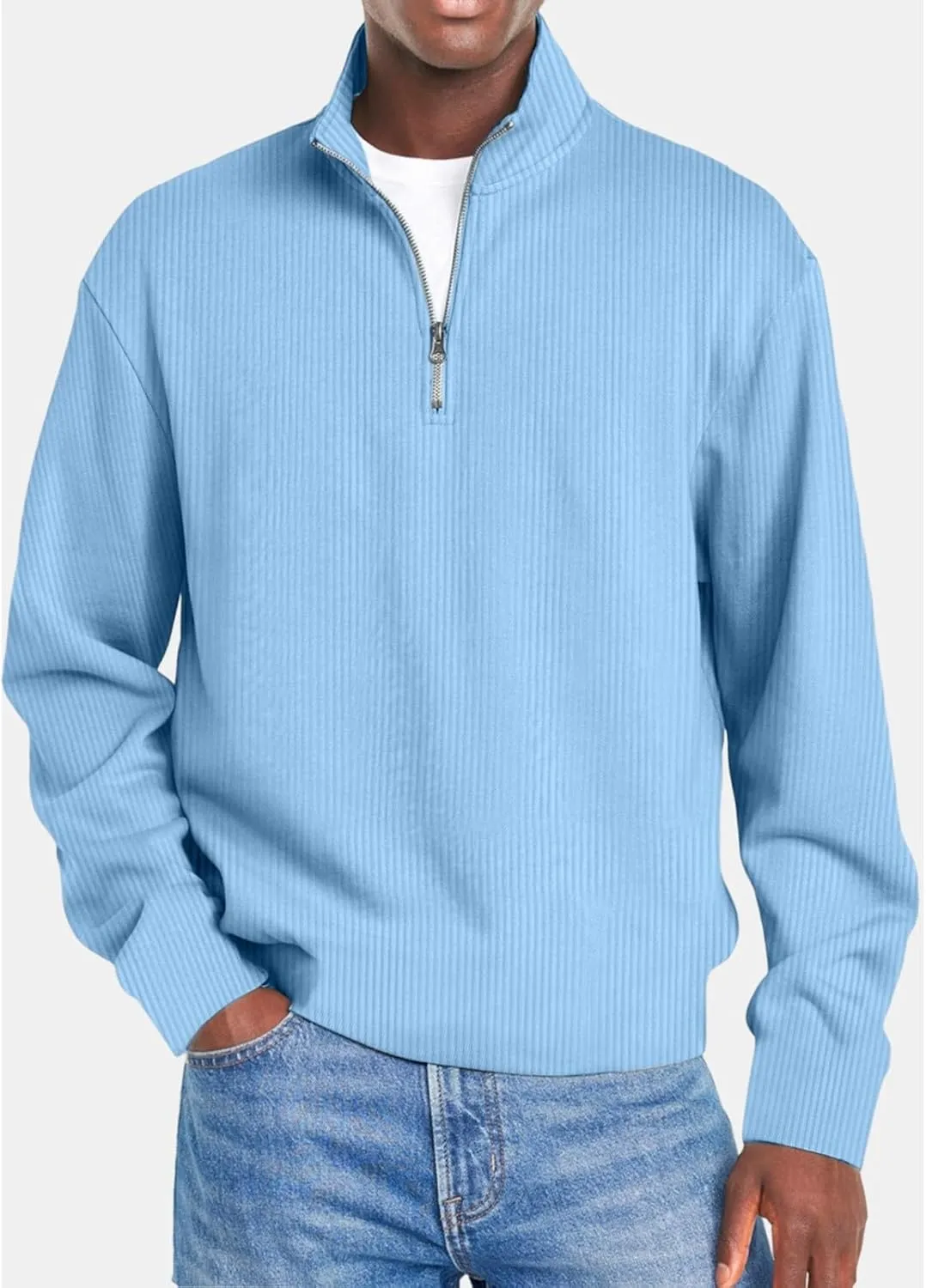 Men Fashion Quarter Zip Pullover Oversize Long Sleeve Mock Neck Texture Polo Sweatshirt Casual Sport Workout Sweater
