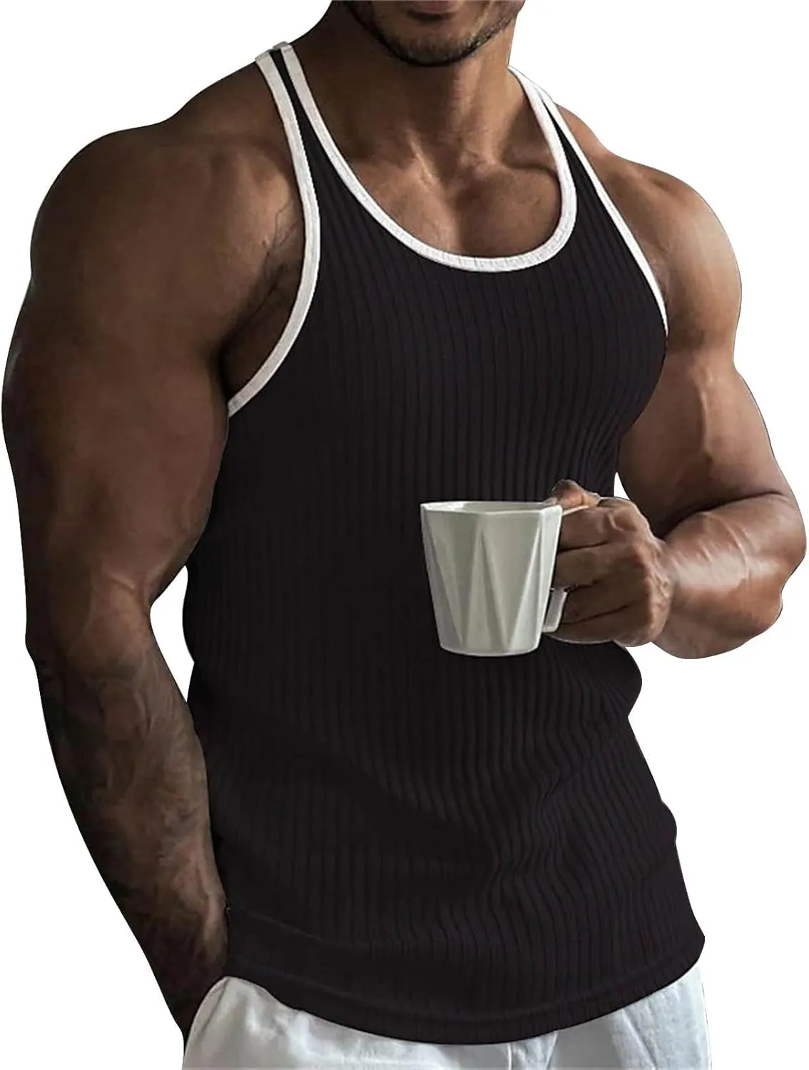 Mens Tank Top Slim Fit Vertical Striped Knitted Fitness Sleeveless Muscle Shirt Rib Knit Round Neck Undershirts