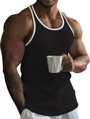 Mens Tank Top Slim Fit Vertical Striped Knitted Fitness Sleeveless Muscle Shirt Rib Knit Round Neck Undershirts