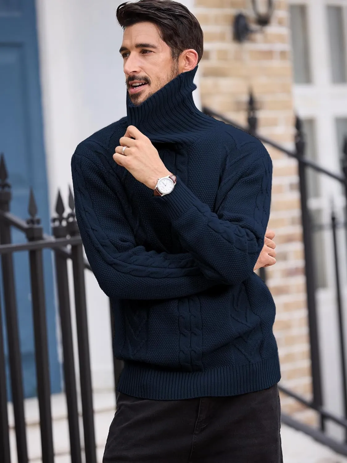 Men's Turtneck Pullover Sweaters Cable Knit Casual Pullover Sweater