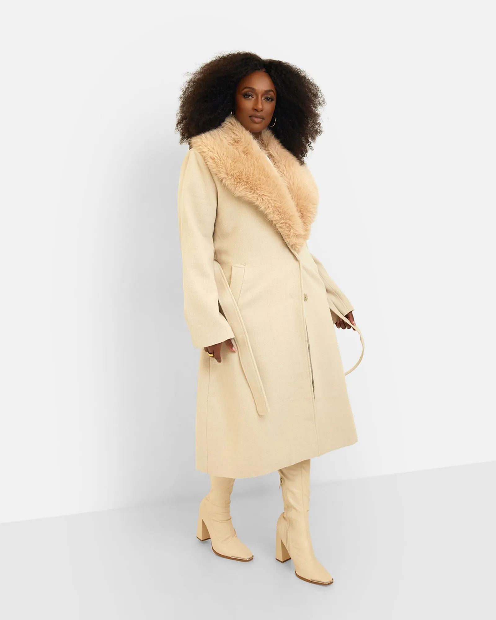 Nikita Fur Collar Tie Belt Coat | Beige