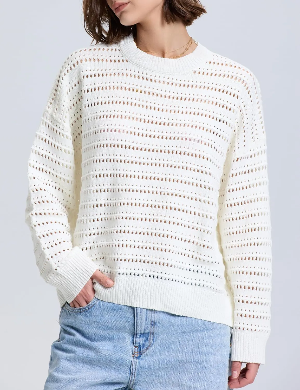 PrettyGuide Women's Crochet Sweaters Crew Neck Long Sleeve Cute Hollow Out Cotton Pullover Knit Tops
