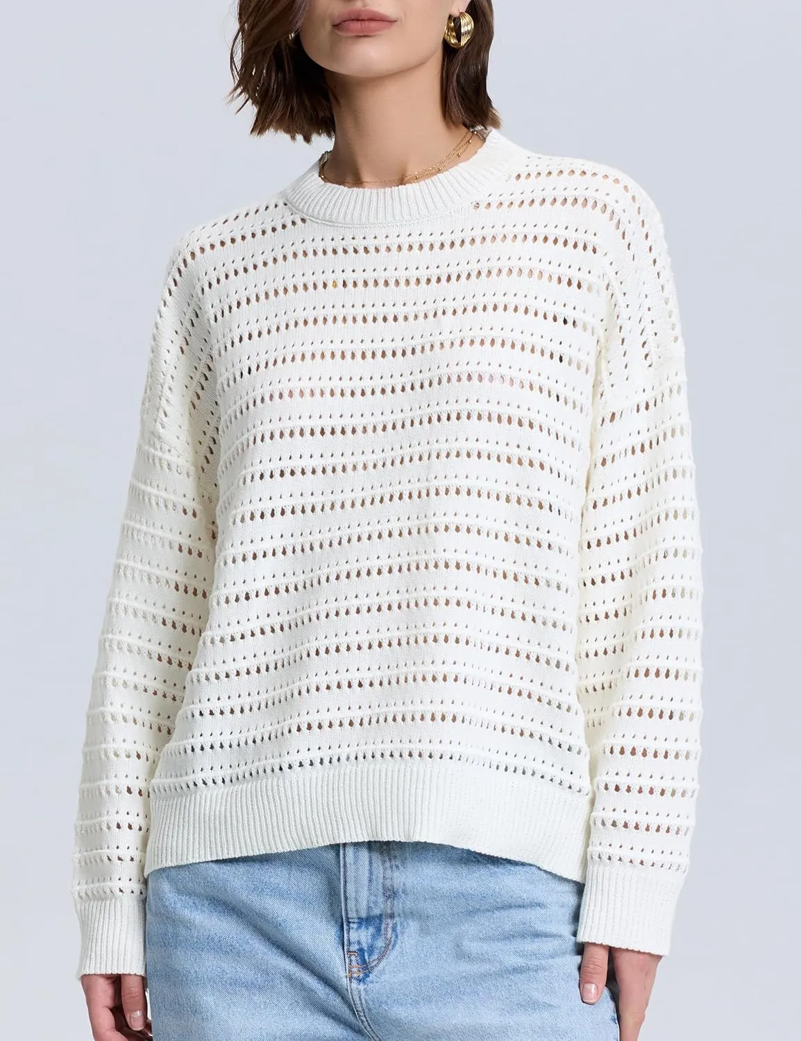 PrettyGuide Women's Crochet Sweaters Crew Neck Long Sleeve Cute Hollow Out Cotton Pullover Knit Tops