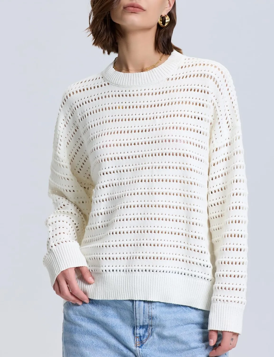 PrettyGuide Women's Crochet Sweaters Crew Neck Long Sleeve Cute Hollow Out Cotton Pullover Knit Tops