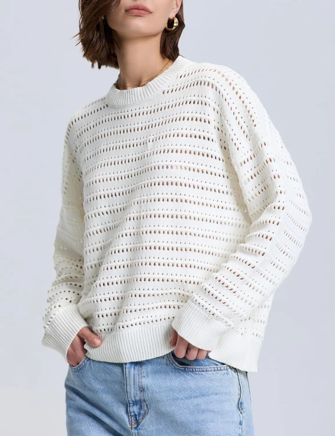 PrettyGuide Women's Crochet Sweaters Crew Neck Long Sleeve Cute Hollow Out Cotton Pullover Knit Tops