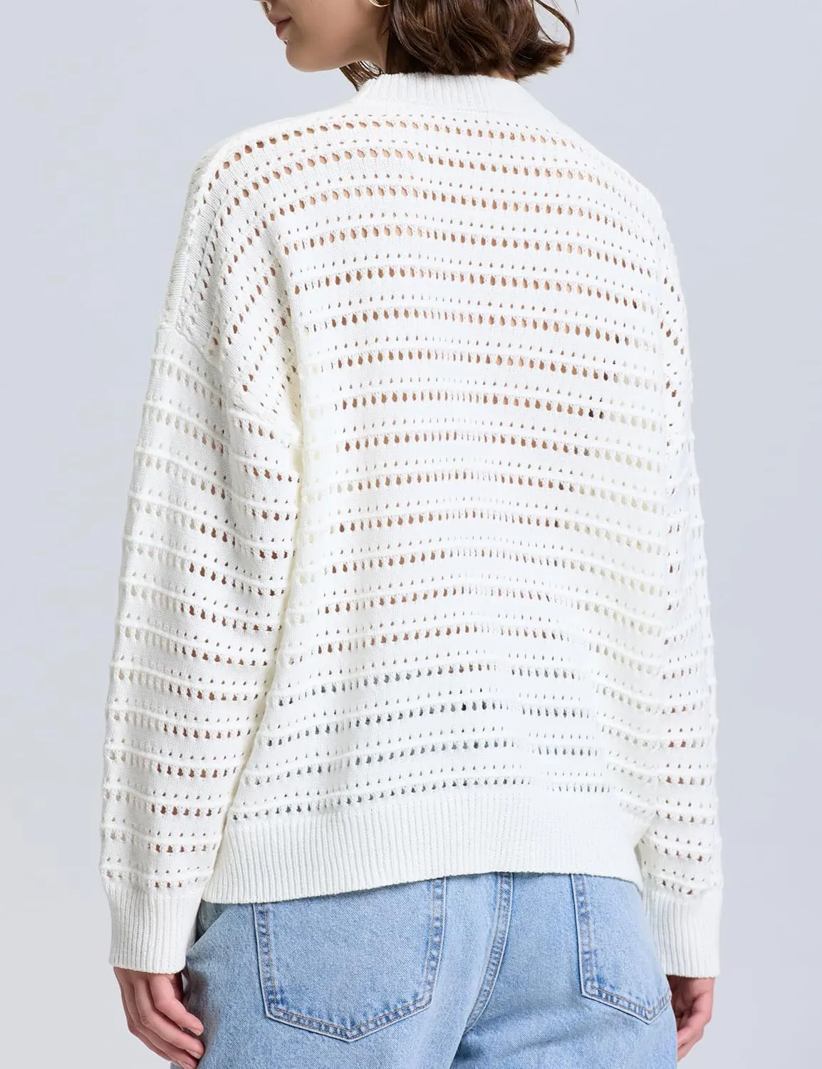 PrettyGuide Women's Crochet Sweaters Crew Neck Long Sleeve Cute Hollow Out Cotton Pullover Knit Tops