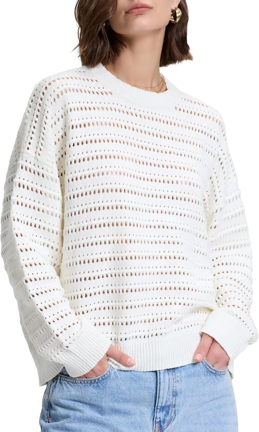 PrettyGuide Women's Crochet Sweaters Crew Neck Long Sleeve Cute Hollow Out Cotton Pullover Knit Tops