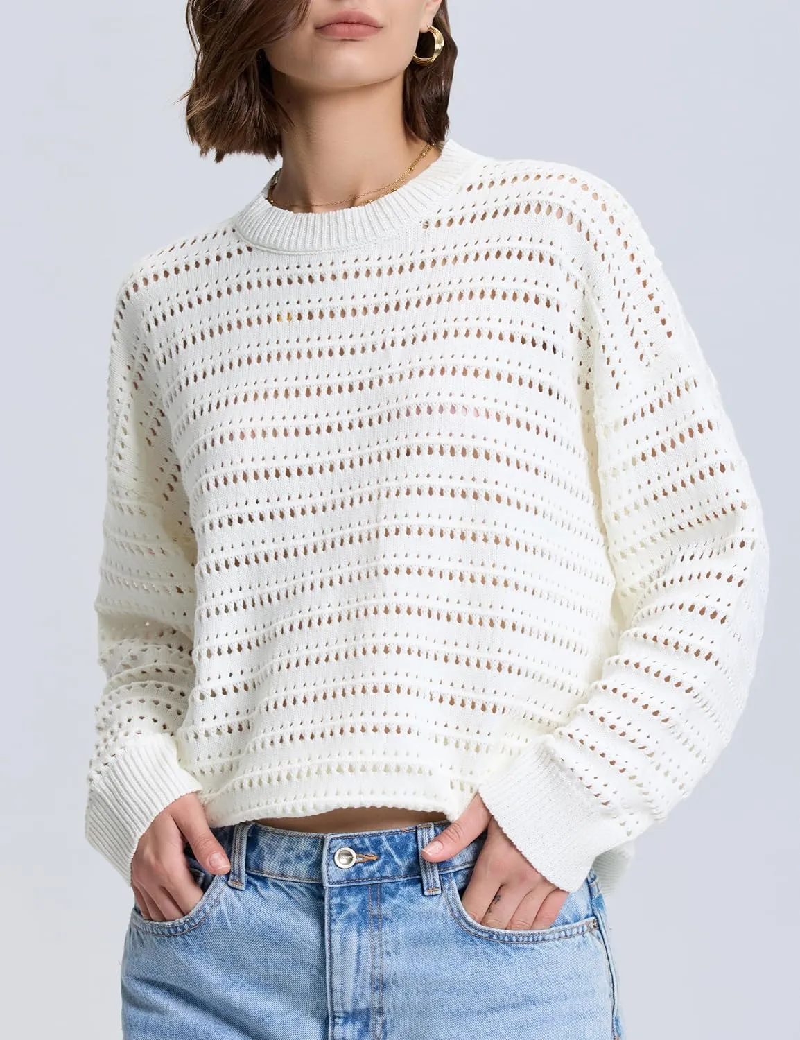 PrettyGuide Women's Crochet Sweaters Crew Neck Long Sleeve Cute Hollow Out Cotton Pullover Knit Tops