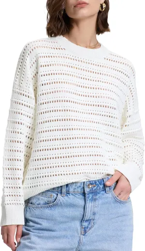 PrettyGuide Women's Crochet Sweaters Crew Neck Long Sleeve Cute Hollow Out Cotton Pullover Knit Tops