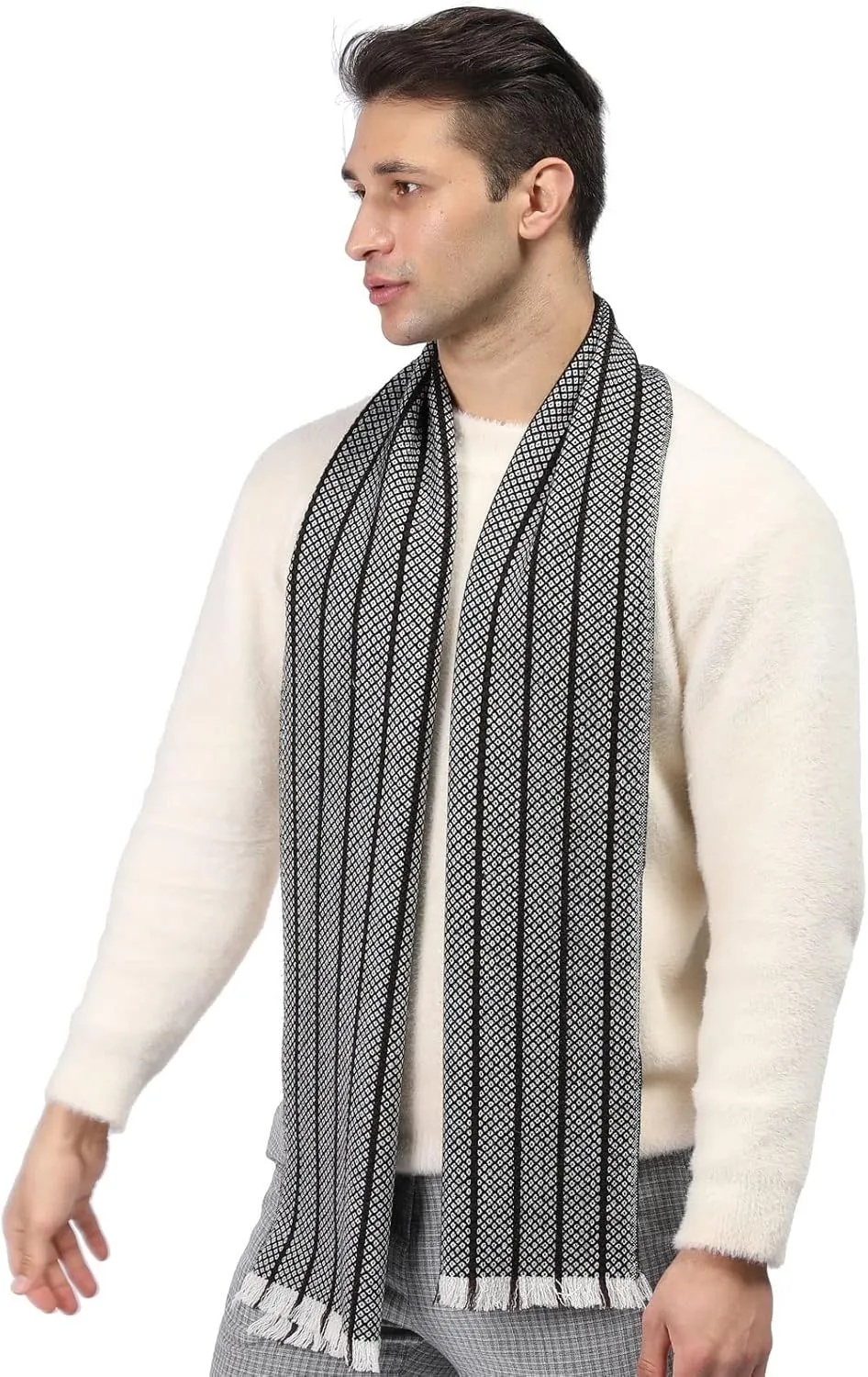 Pure Wool Scarves For men women, Pashmina Tartan Scarf,Cold Weather Scarf, Vertical Stripe Knit Winter Scarf