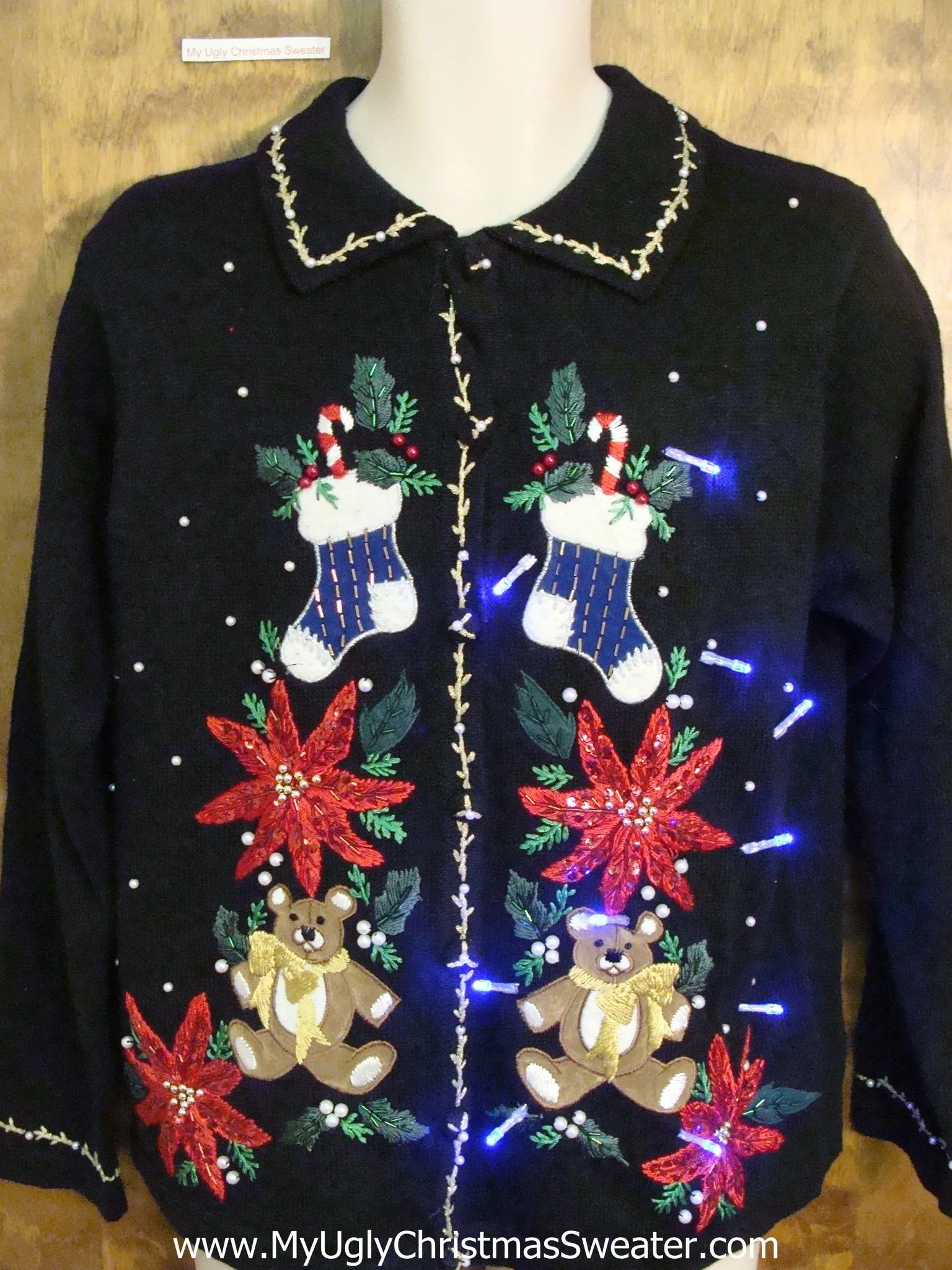 Red Poinsettias and Bears Light Up Ugly Xmas Sweater