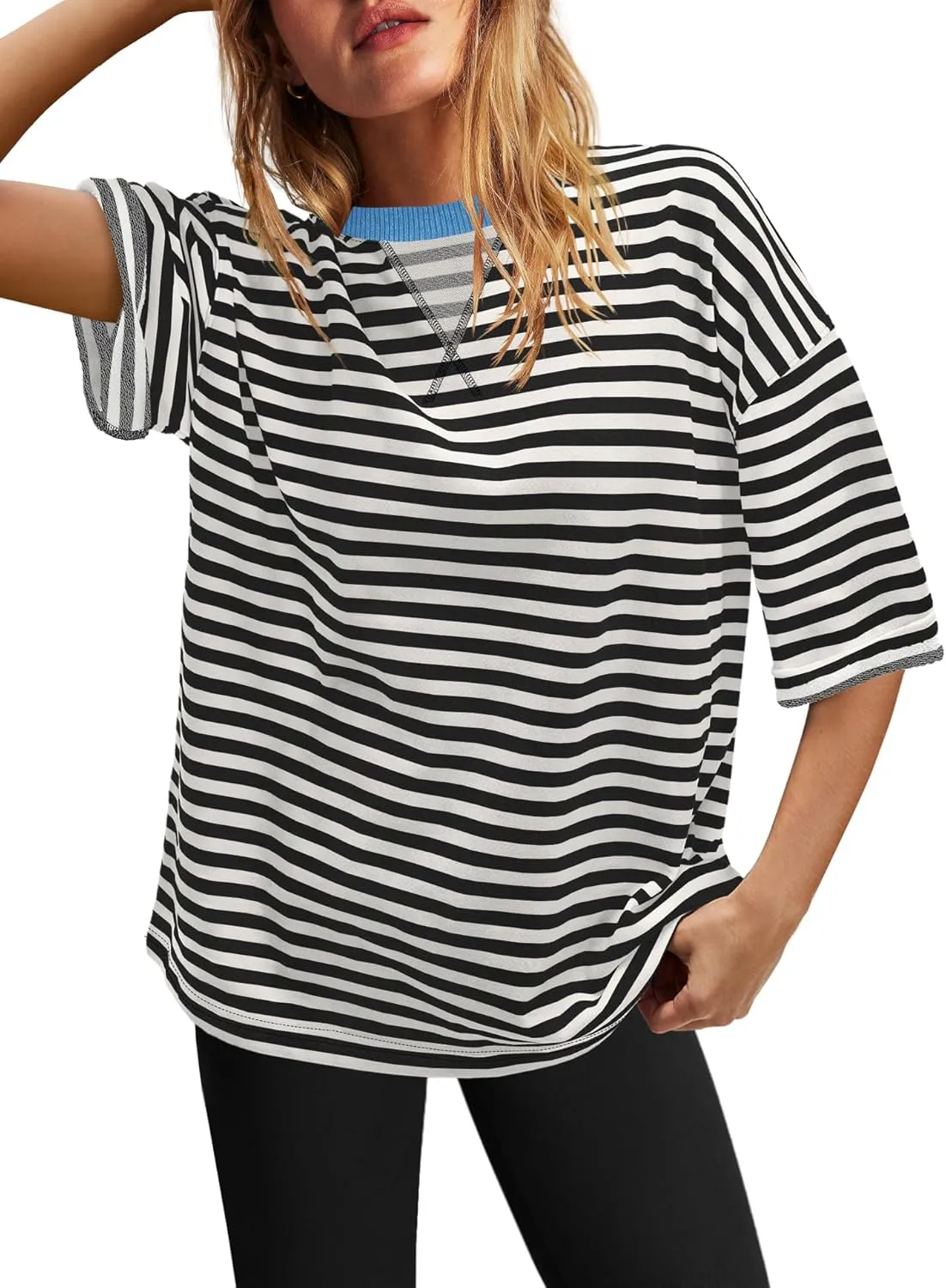 SENSERISE Womens Summer Tops Short Sleeve Sweatshirt Crewneck Striped T Shirt Oversized Basic Tees Casual Loose Fit