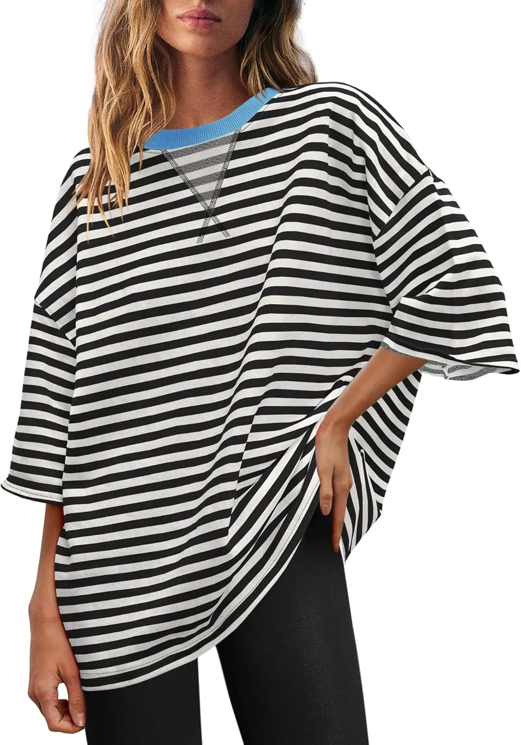 SENSERISE Womens Summer Tops Short Sleeve Sweatshirt Crewneck Striped T Shirt Oversized Basic Tees Casual Loose Fit