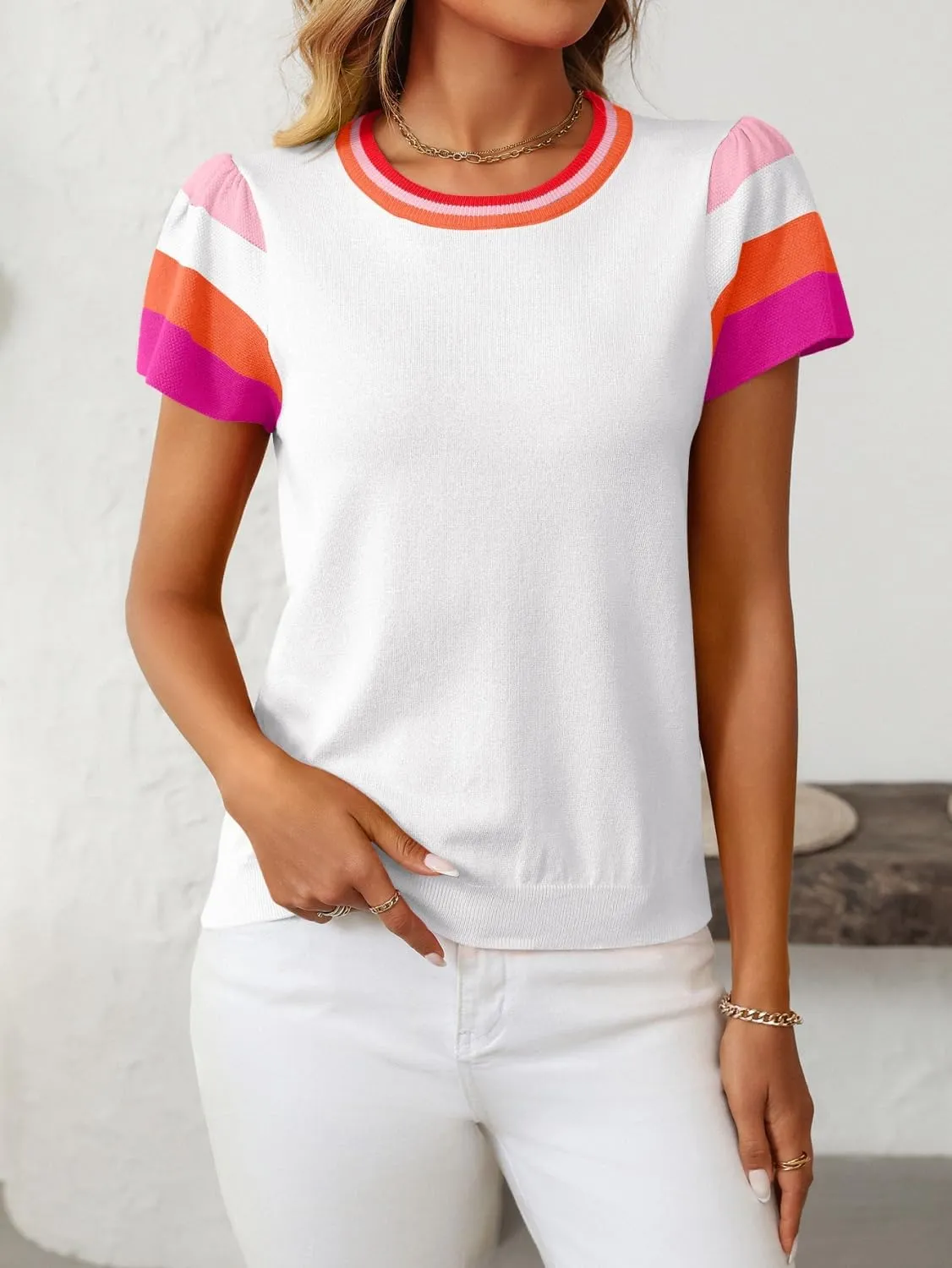 Summer Tops for Women 2025 Casual Crewneck Cap Sleeve Shirts Loose Fit Lightweight Knit Sweater Pullover Top