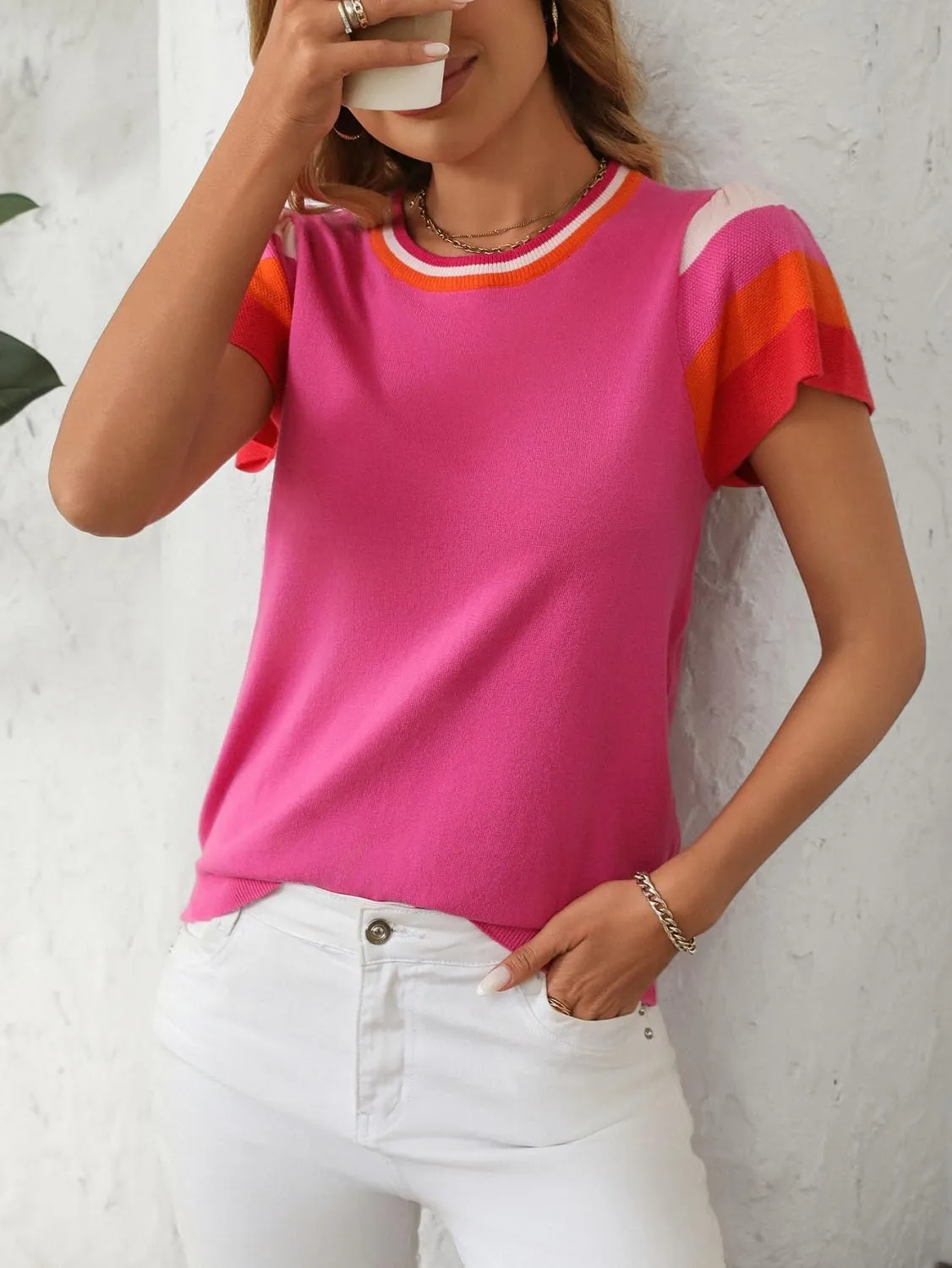 Summer Tops for Women 2025 Casual Crewneck Cap Sleeve Shirts Loose Fit Lightweight Knit Sweater Pullover Top