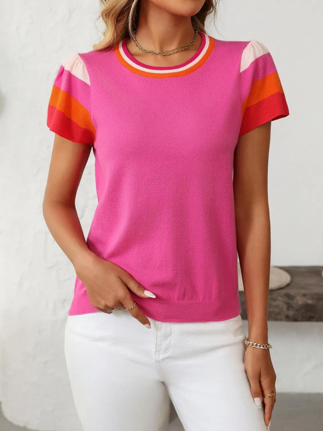 Summer Tops for Women 2025 Casual Crewneck Cap Sleeve Shirts Loose Fit Lightweight Knit Sweater Pullover Top