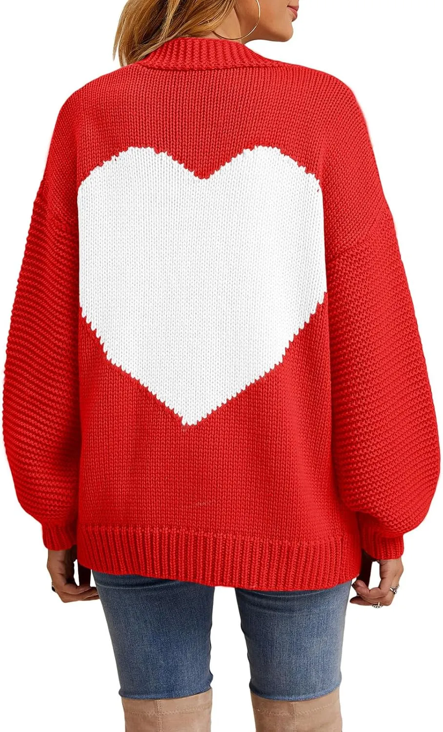 Tutorutor Womens Oversized Love Heart Pattern Print Open Front Cardigan Sweaters Casual Boho Valentine Loose Outwear Coat