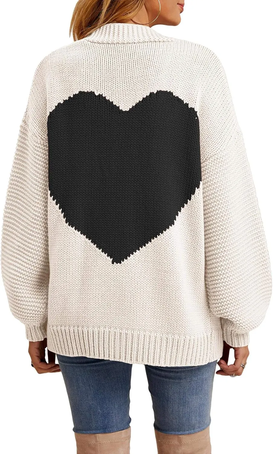 Tutorutor Womens Oversized Love Heart Pattern Print Open Front Cardigan Sweaters Casual Boho Valentine Loose Outwear Coat