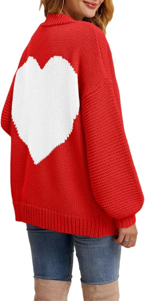 Tutorutor Womens Oversized Love Heart Pattern Print Open Front Cardigan Sweaters Casual Boho Valentine Loose Outwear Coat