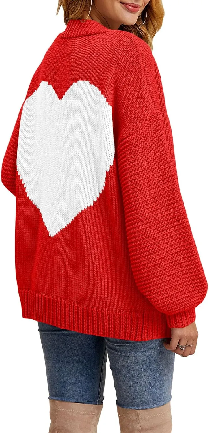 Tutorutor Womens Oversized Love Heart Pattern Print Open Front Cardigan Sweaters Casual Boho Valentine Loose Outwear Coat