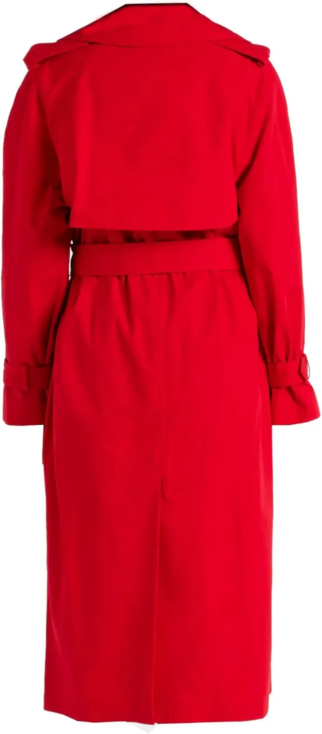 VearFit Bold Red and Black Double-Breasted Trench Coat - Women Long Classic Raincoat OverCoat