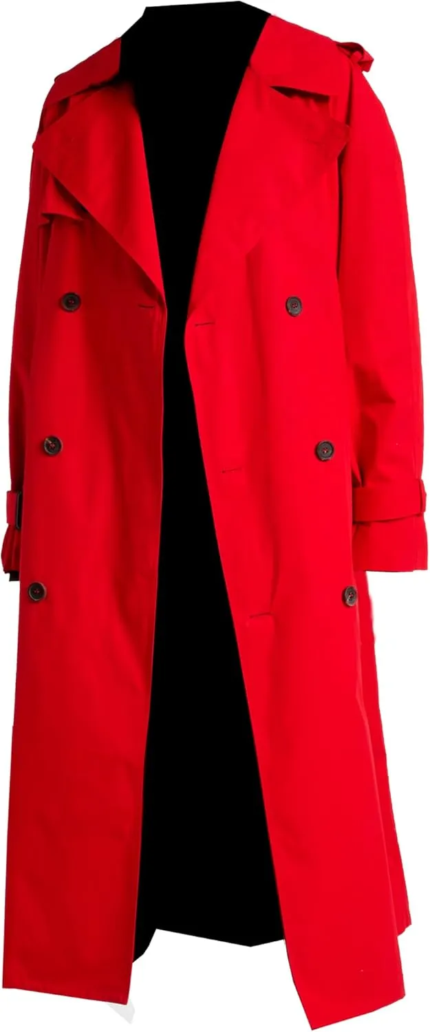 VearFit Bold Red and Black Double-Breasted Trench Coat - Women Long Classic Raincoat OverCoat