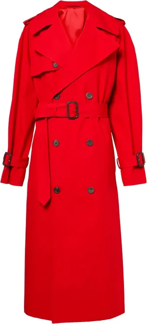 VearFit Bold Red and Black Double-Breasted Trench Coat - Women Long Classic Raincoat OverCoat