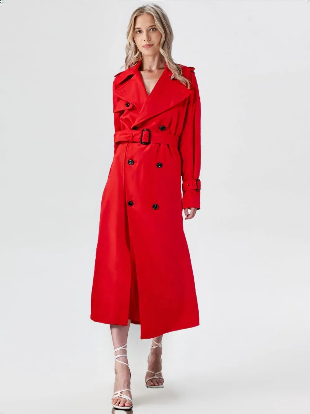 VearFit Bold Red and Black Double-Breasted Trench Coat - Women Long Classic Raincoat OverCoat