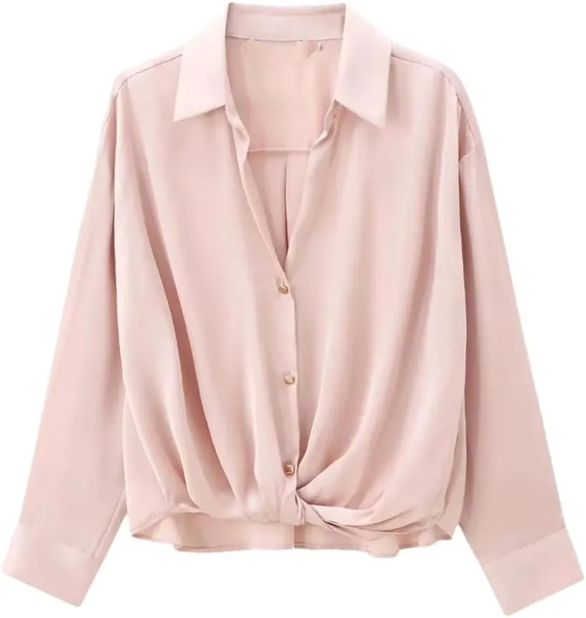 Women European and American Versatile Knot Silk Texture Top Long Sleeve Collar Shirt