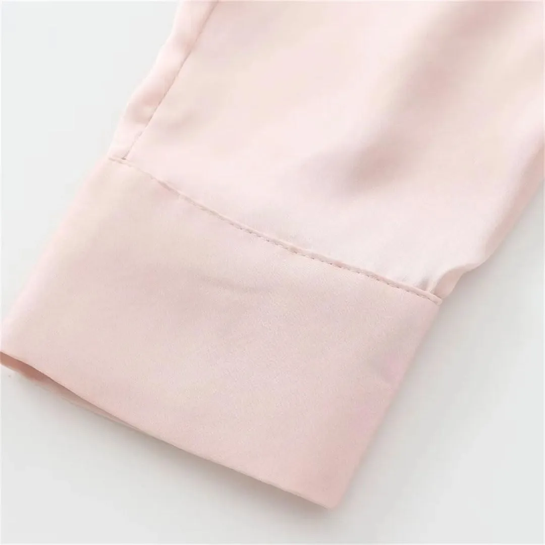Women European and American Versatile Knot Silk Texture Top Long Sleeve Collar Shirt