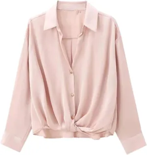 Women European and American Versatile Knot Silk Texture Top Long Sleeve Collar Shirt