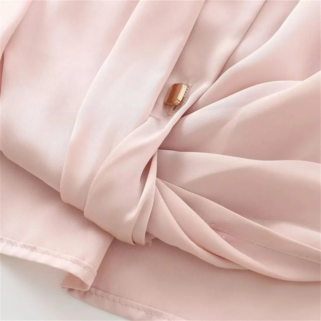Women European and American Versatile Knot Silk Texture Top Long Sleeve Collar Shirt
