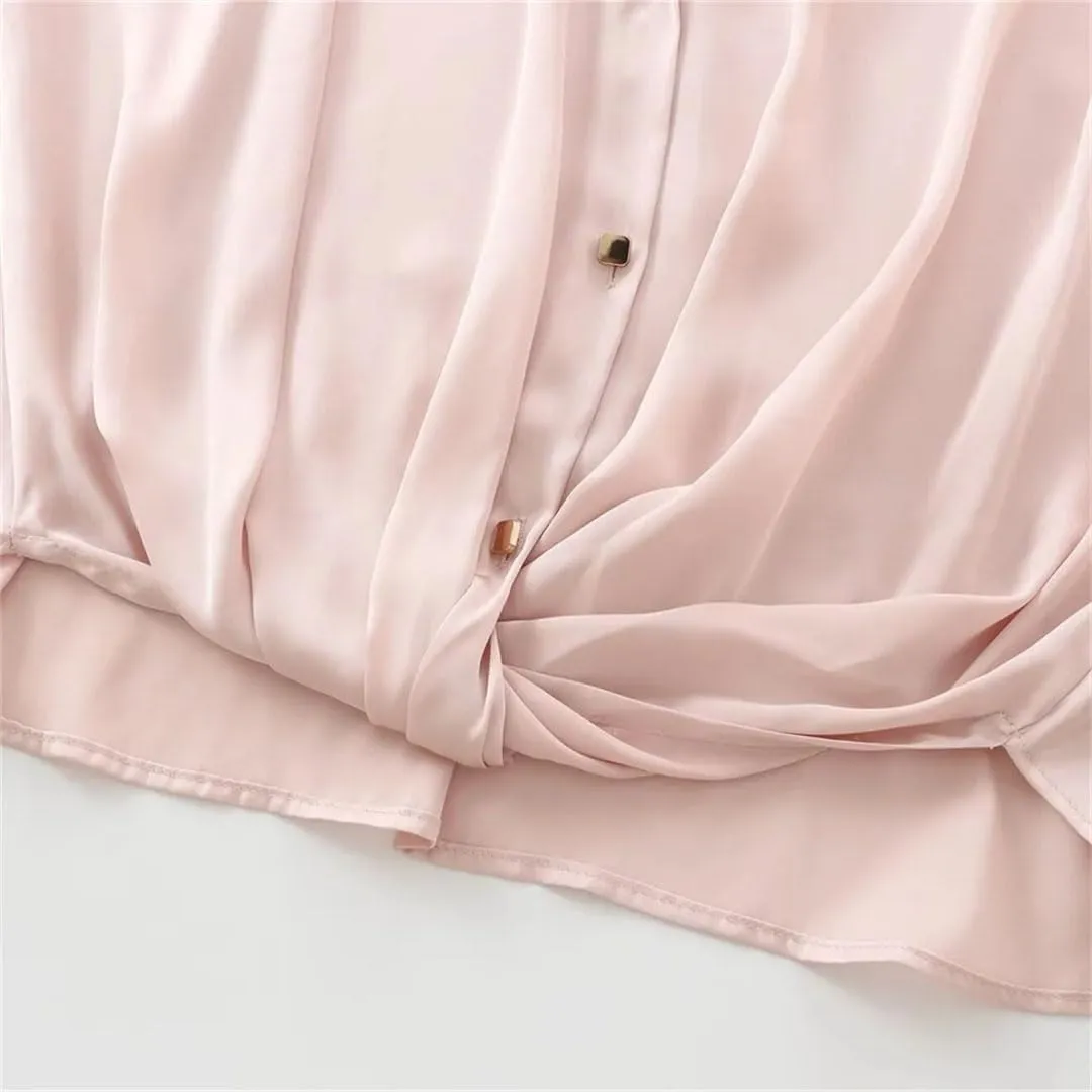 Women European and American Versatile Knot Silk Texture Top Long Sleeve Collar Shirt