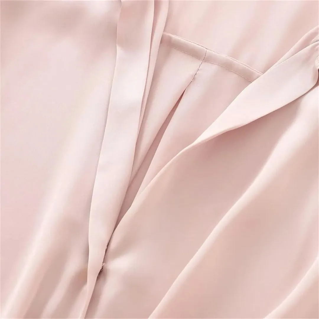 Women European and American Versatile Knot Silk Texture Top Long Sleeve Collar Shirt