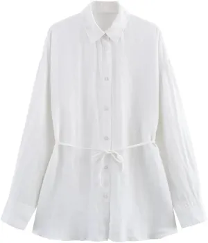 Women French Retro Relaxation Shirt Lace Up Waist Look Slimming Blouse Solid Color Top
