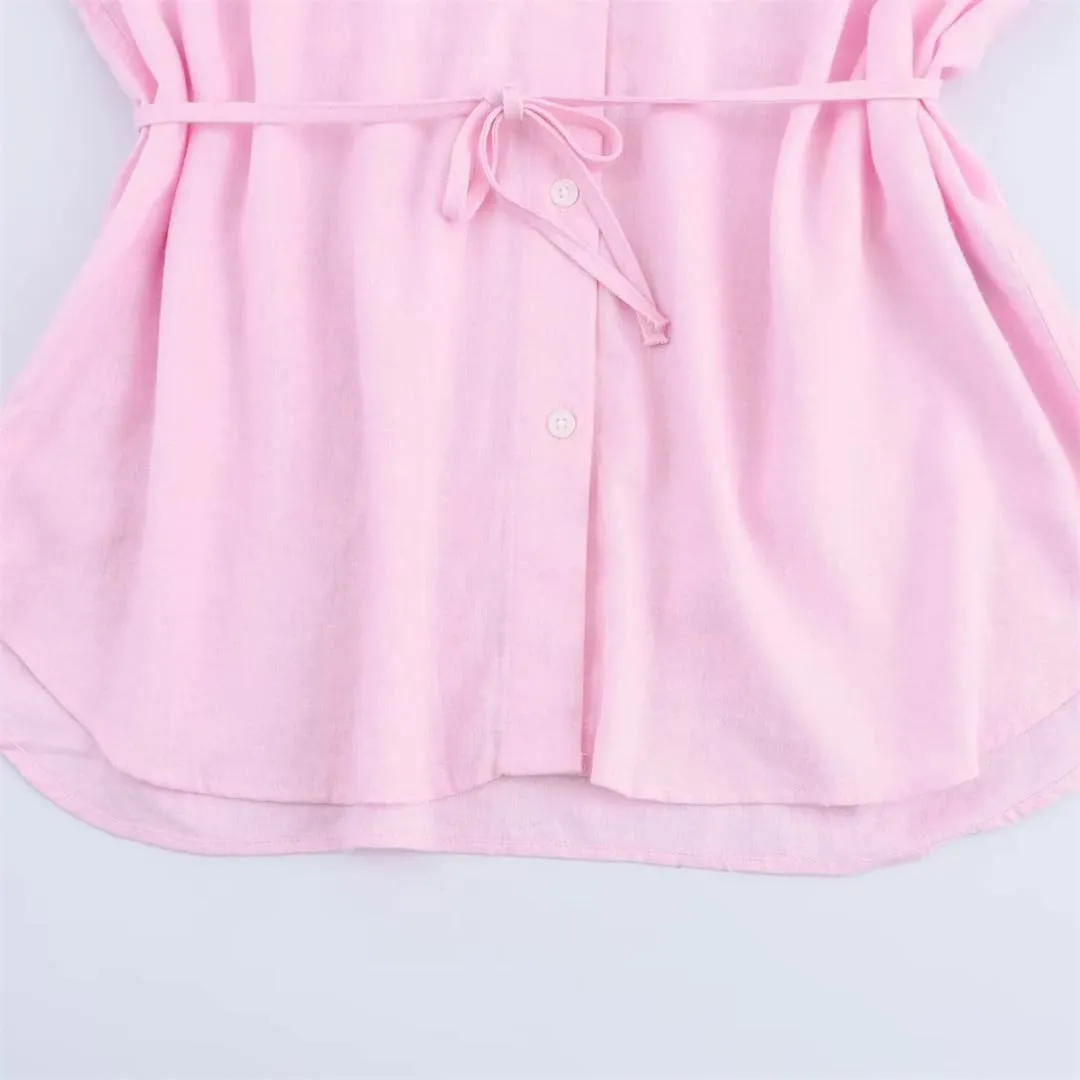 Women French Retro Relaxation Shirt Lace Up Waist Look Slimming Blouse Solid Color Top