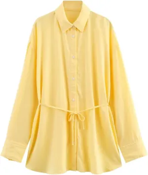 Women French Retro Relaxation Shirt Lace Up Waist Look Slimming Blouse Solid Color Top
