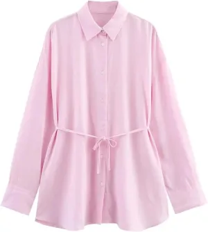 Women French Retro Relaxation Shirt Lace Up Waist Look Slimming Blouse Solid Color Top