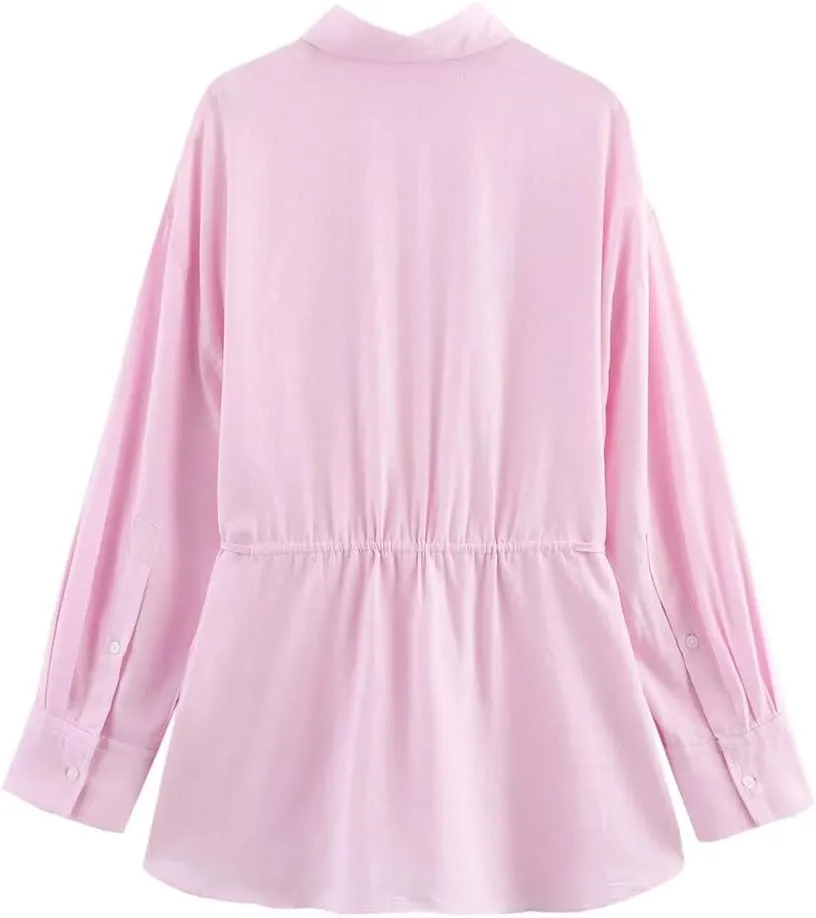 Women French Retro Relaxation Shirt Lace Up Waist Look Slimming Blouse Solid Color Top