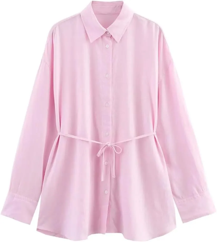 Women French Retro Relaxation Shirt Lace Up Waist Look Slimming Blouse Solid Color Top
