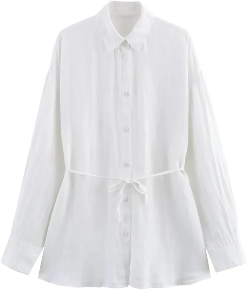 Women French Retro Relaxation Shirt Lace Up Waist Look Slimming Blouse Solid Color Top