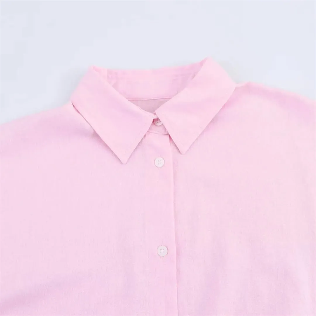 Women French Retro Relaxation Shirt Lace Up Waist Look Slimming Blouse Solid Color Top
