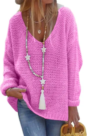 Womens Cable Knitted Sweaters V Neck Casual Loose Pullover 2023 Trendy Long Sleeve Jumper Comfy Soft Jumper Tops