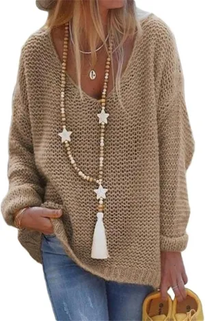 Womens Cable Knitted Sweaters V Neck Casual Loose Pullover 2023 Trendy Long Sleeve Jumper Comfy Soft Jumper Tops