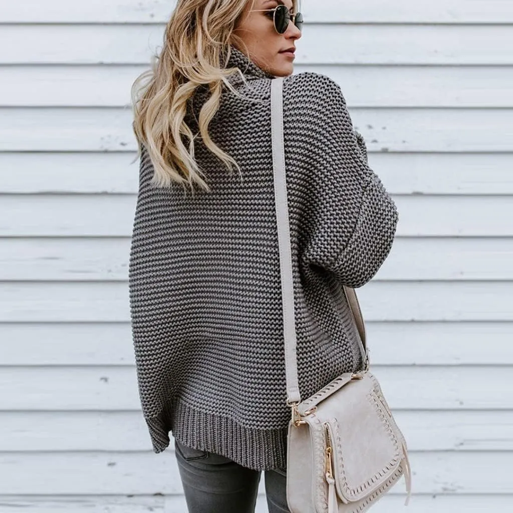 Women's Casual Long Sleeve Turtleneck Ribbed Knitted Striped Sweater Pullover Oversized Soft Blouse Tops Plus Size