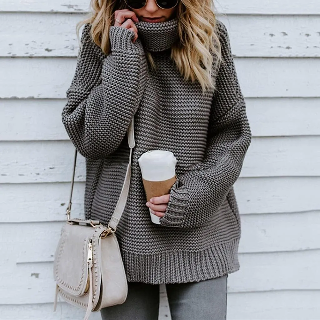 Women's Casual Long Sleeve Turtleneck Ribbed Knitted Striped Sweater Pullover Oversized Soft Blouse Tops Plus Size
